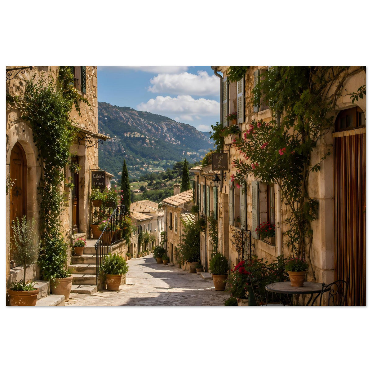 Mediterranes Poster: Gasse mit Bäumen, Blumenampeln und entfernten Bergzügen