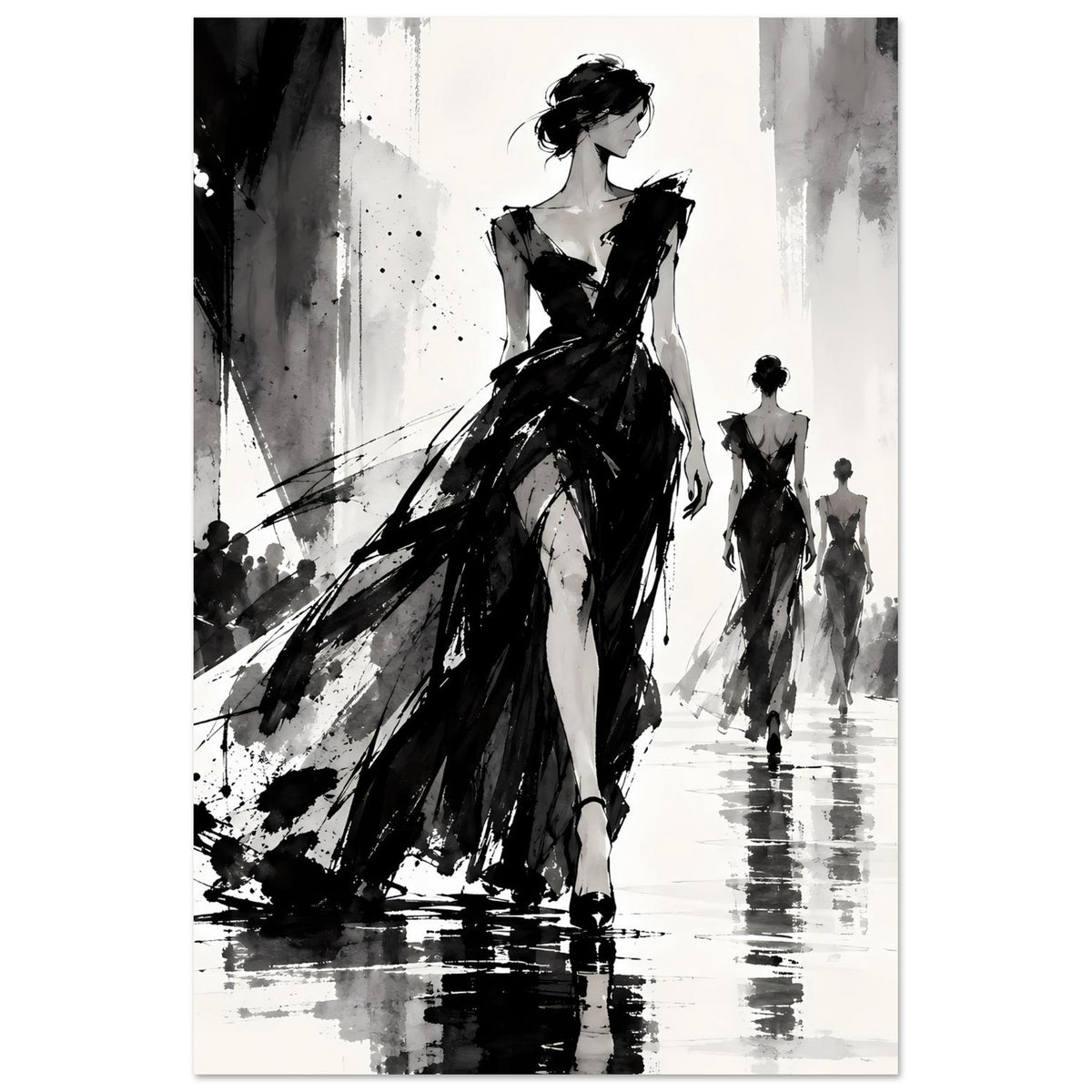 Schwarzweiß-Modeillustration als Poster: elegante Frau im langen Kleid, seitliche Ansicht.