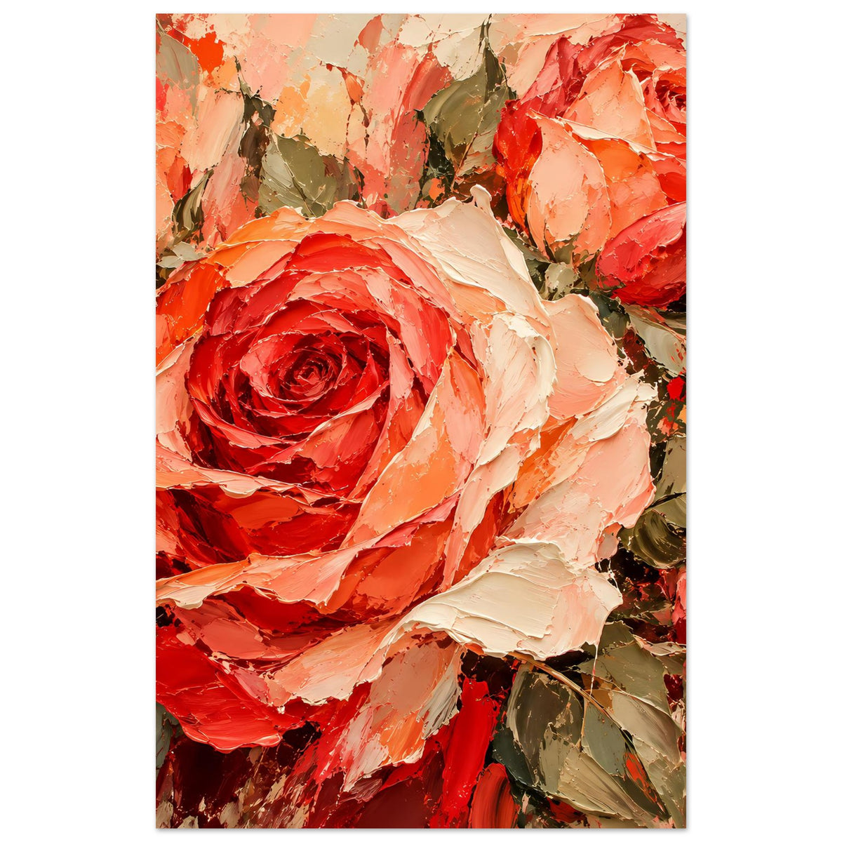 Blumenposter mit Rosenbouquet in Rot-, Orange- und Beigetönen, mittige Blüte