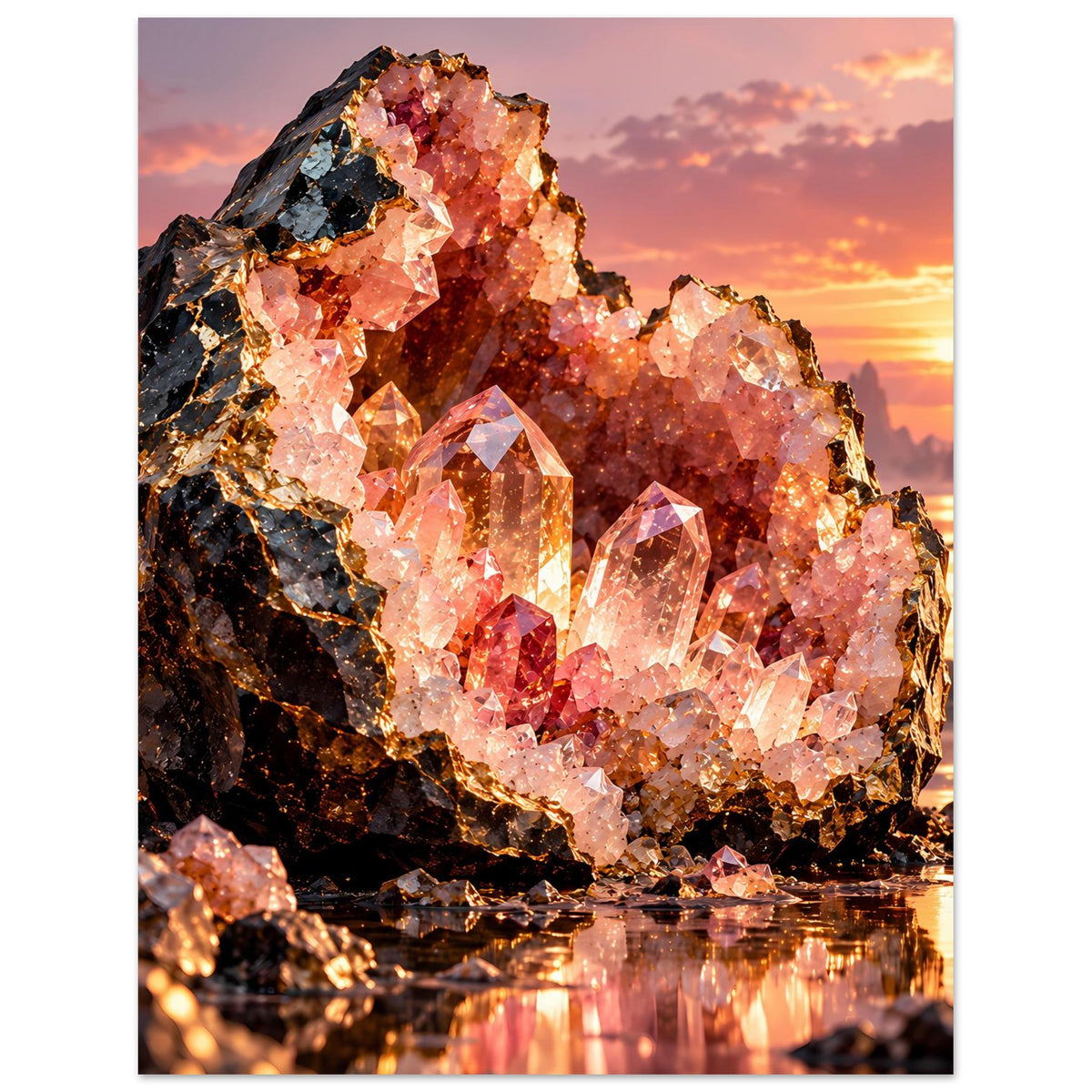 Poster im Hochformat: große rosa Kristallgeode mit dunklem Gestein und breiter Reflexion unten
