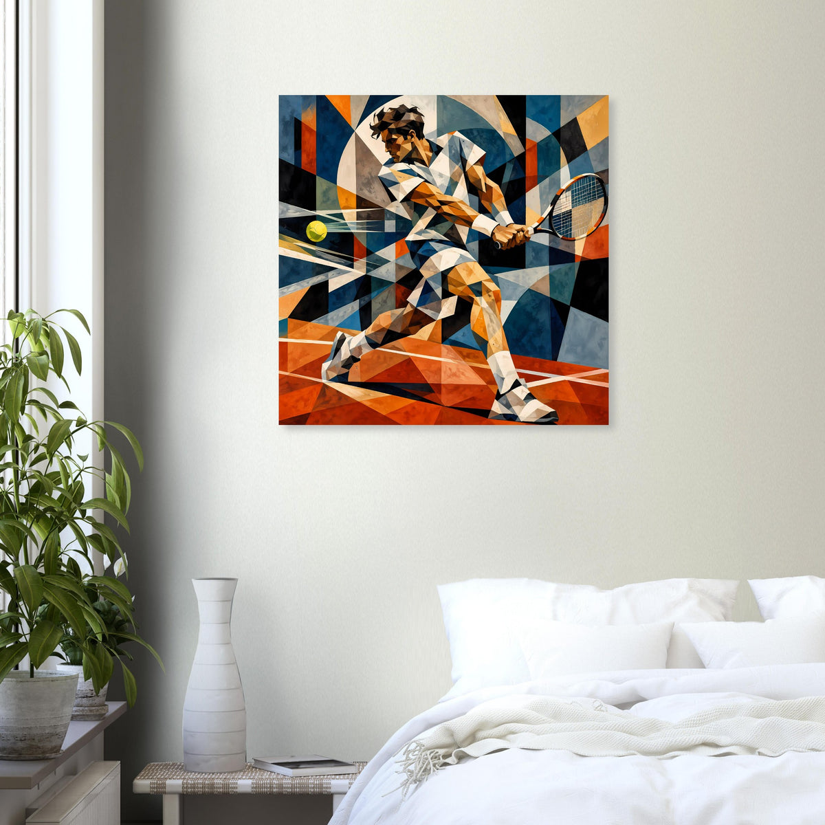 Quadratisches Kunstposter: abstrakter Tennisspieler mit Schläger, Blau-Orange-Geometrie