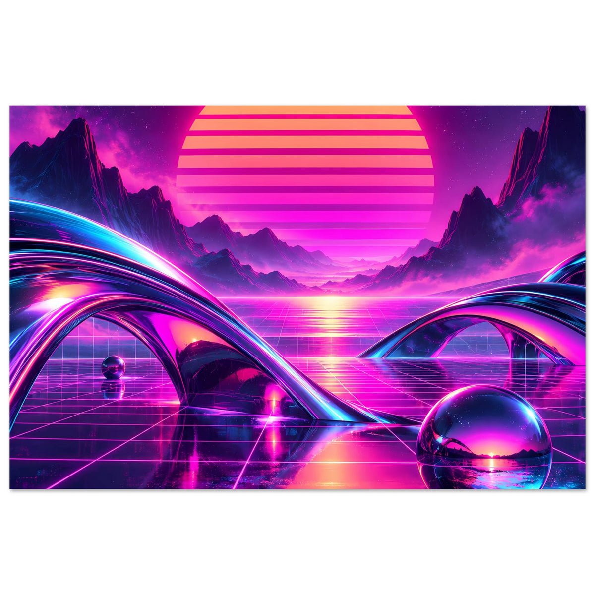 Retro-Science-Fiction-Poster: Neon-Sonnenuntergang, Rasterboden, Lichtbögen, Astronaut und Glaskugel