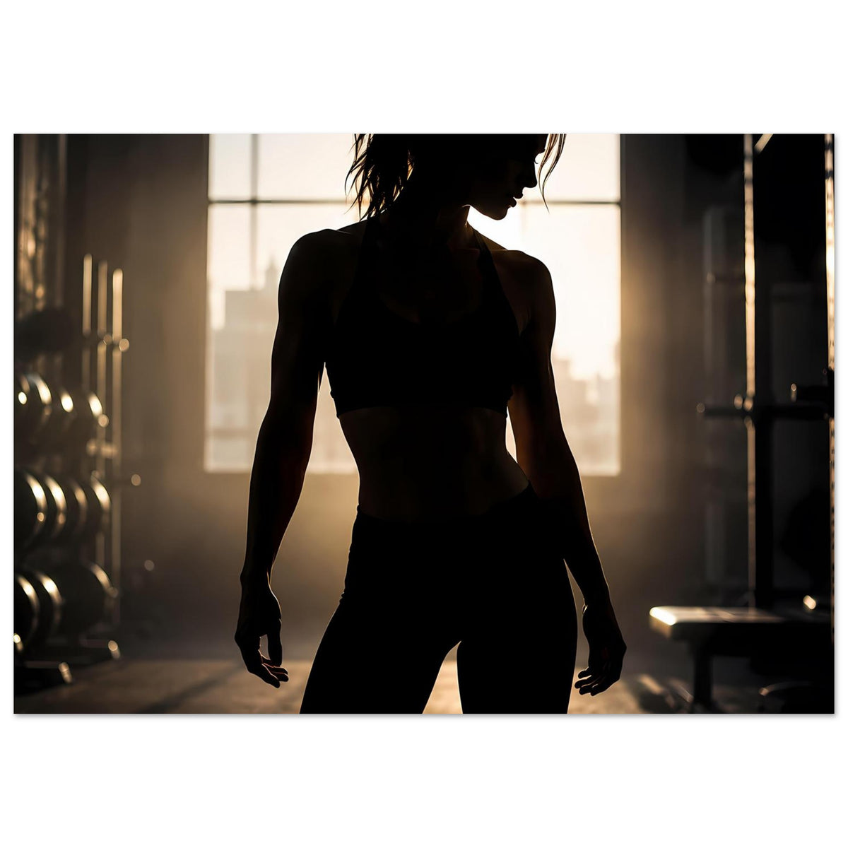Sportposter im Querformat mit dunkler Silhouette einer Athletin in dynamischer Pose