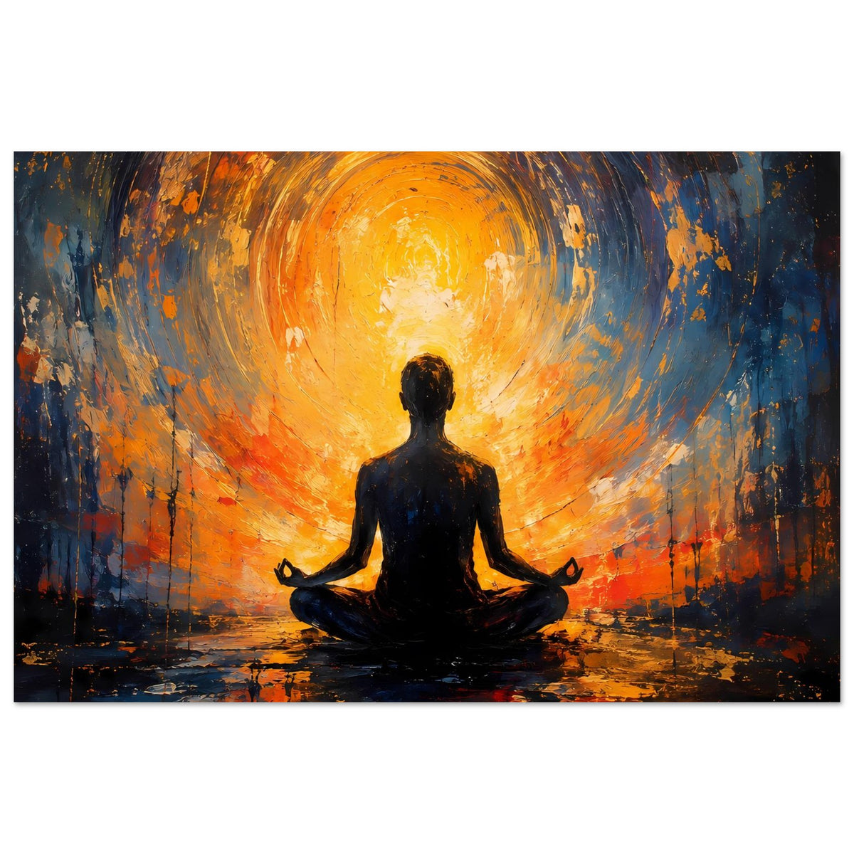 Abstraktes Poster mit Meditationssilhouette und Sonnenaufgangswirbel in Orange und Blau