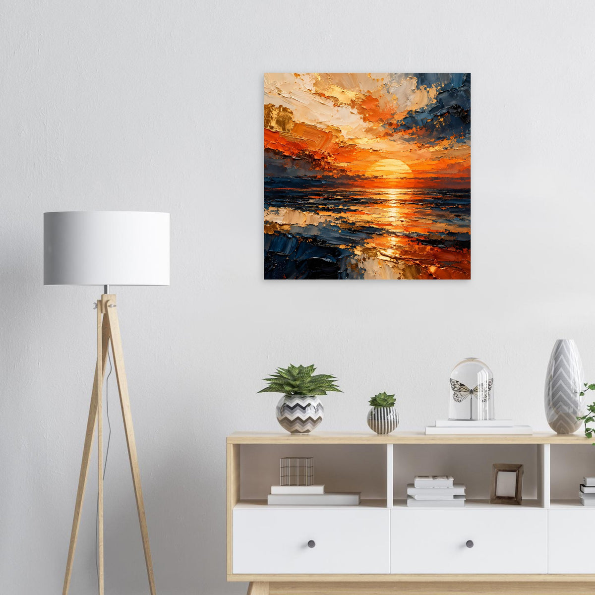 Quadratisches Poster mit abstraktem Sonnenuntergang am Meer in Orange und Blau