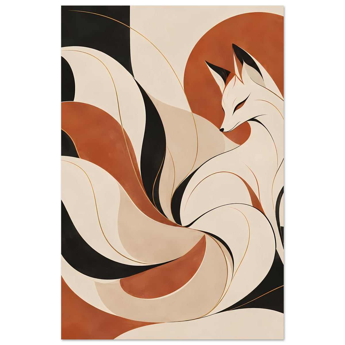 Poster mit Fuchsgeist und neun Schweifen, warmes Braun, Beige und Schwarz