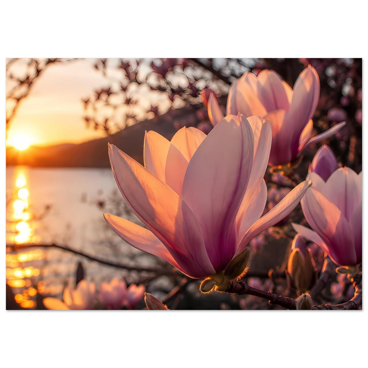 Magnolienblüten Poster querformat mit orangefarbenen Blütenkelchen und violett-rosa Knospen