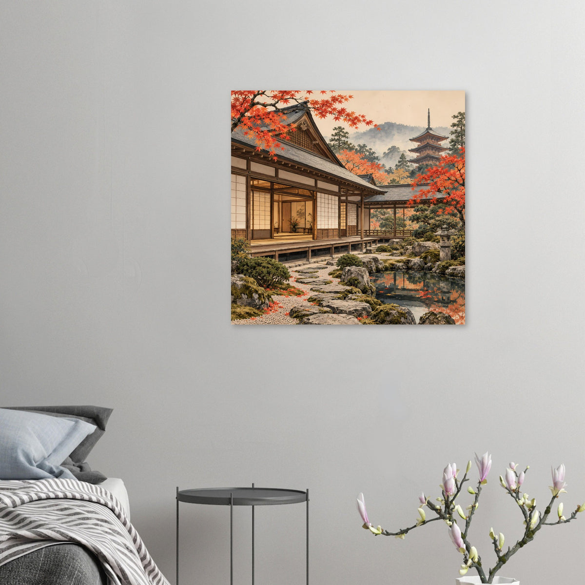 Kleines Poster mit japanischer Gartenlandschaft: Herbstlaub, Holzhaus und Teichpfad.