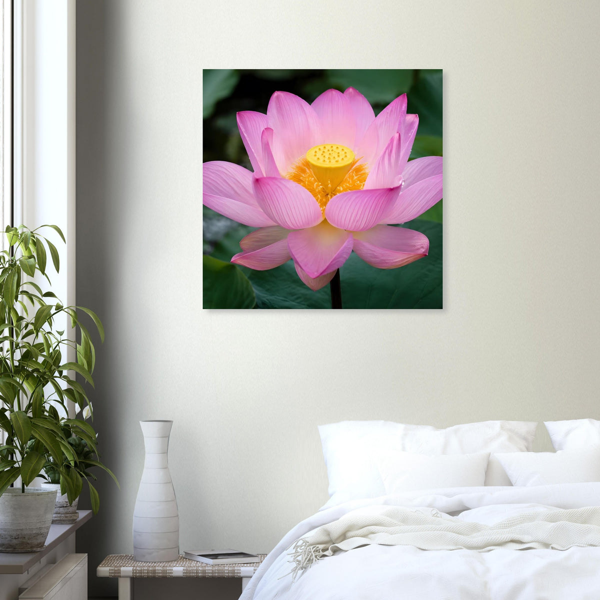 Quadratisches Poster mit rosa Lotusblüte und gelbem Blütenkern, mittig ausgerichtet