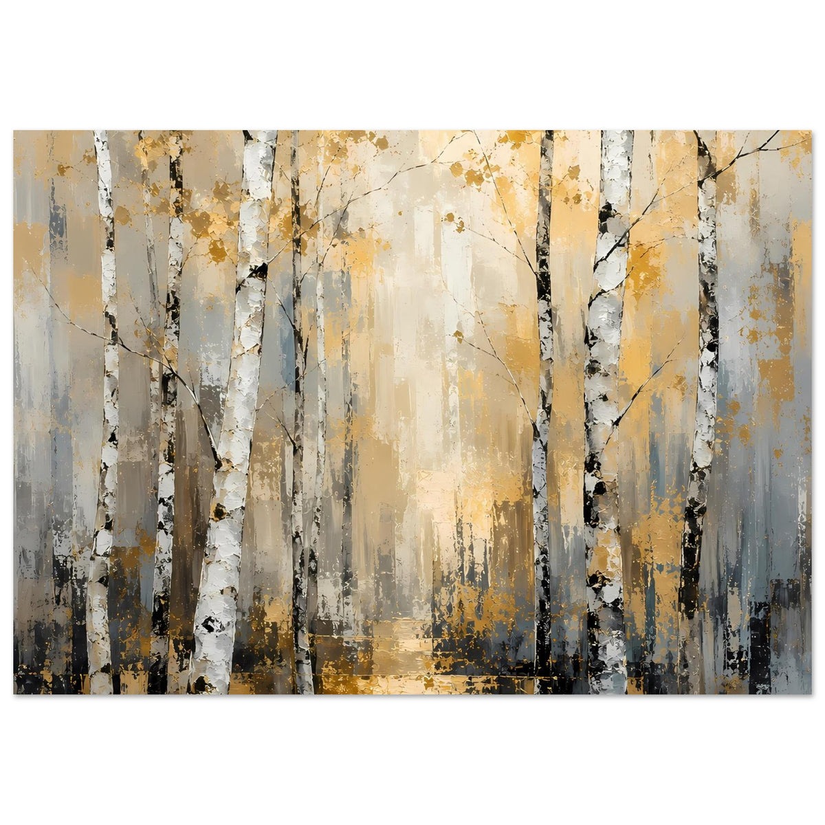 Kunstdruck Birkenwald im Querformat: helle Birkenrinden, goldene Farbspuren und dunkle Astzweige, abstrakt