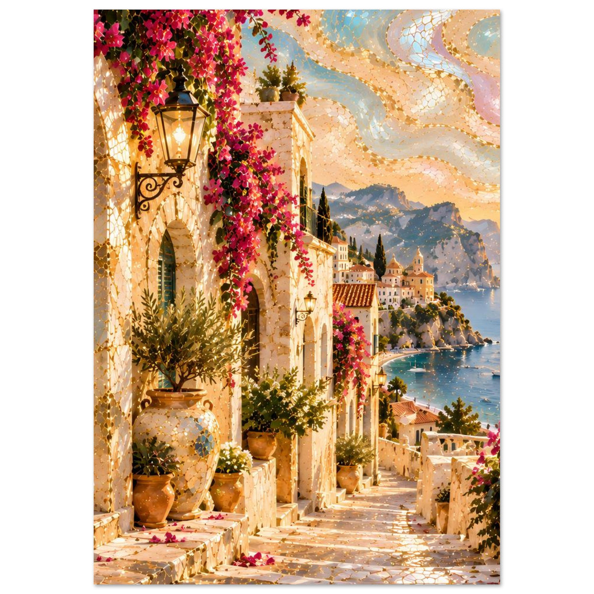 Mediterranes Poster: Weg durch Steinbögen, Laternenlicht, rote Blumen und sanfte Küstenberge.