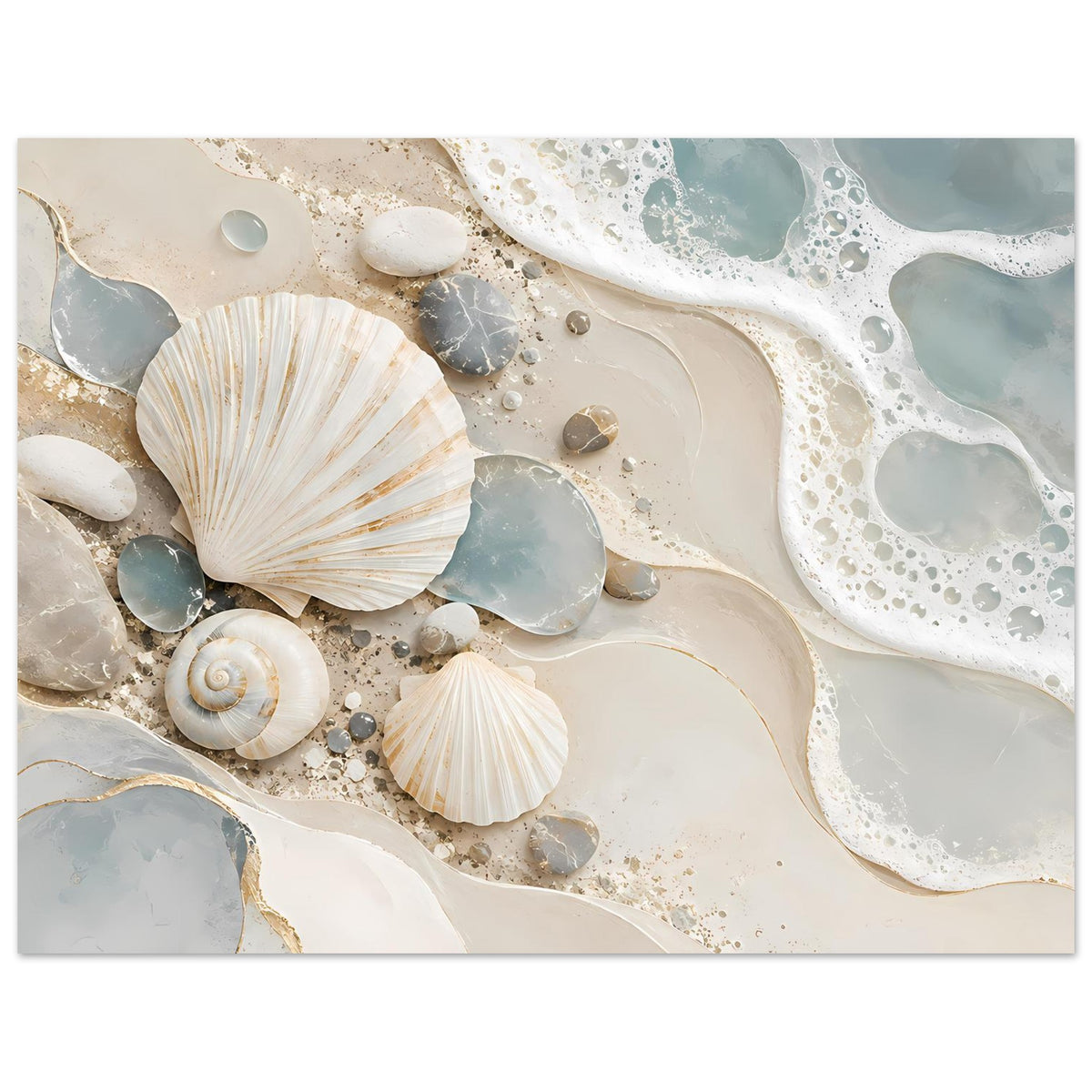 Meeresschalen-Poster, Horizontalansicht: große Muschelschale, Kiesel und Schaum in Blaugrün und Beige