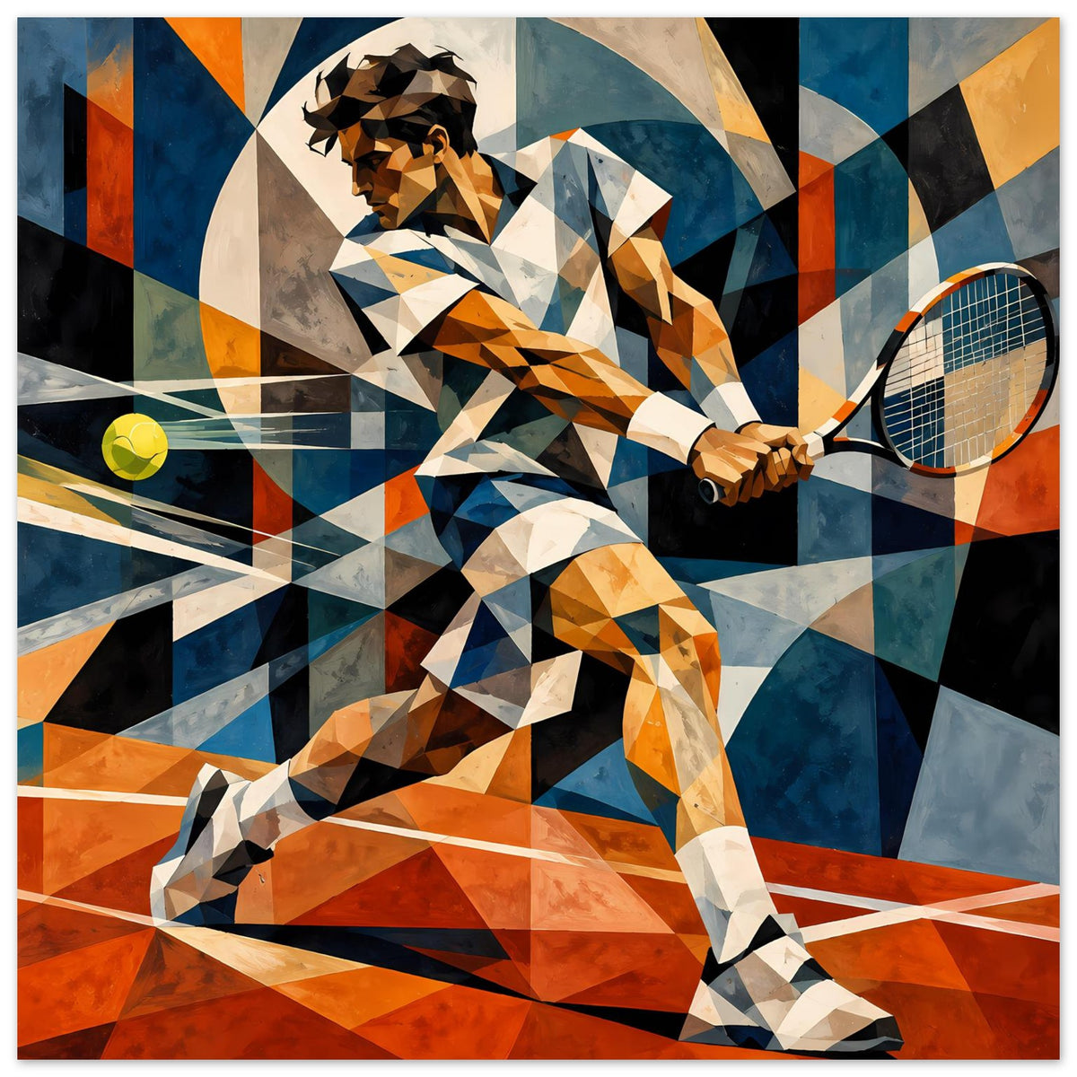 Tennis-Action-Kunstposter mit Rahmen: abstrakter Spieler in Low-Poly, Schläger und Ball