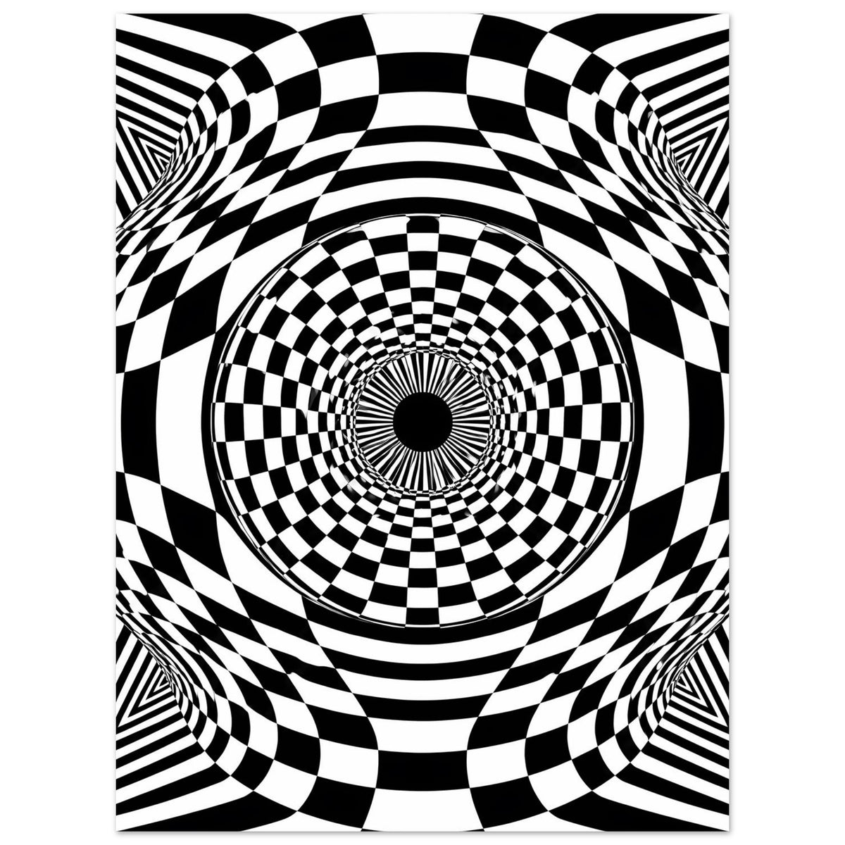 Poster im Quadrat mit schwarz-weißem Schachbrettkreis, konzentrischen Ringen und welligen Kurven