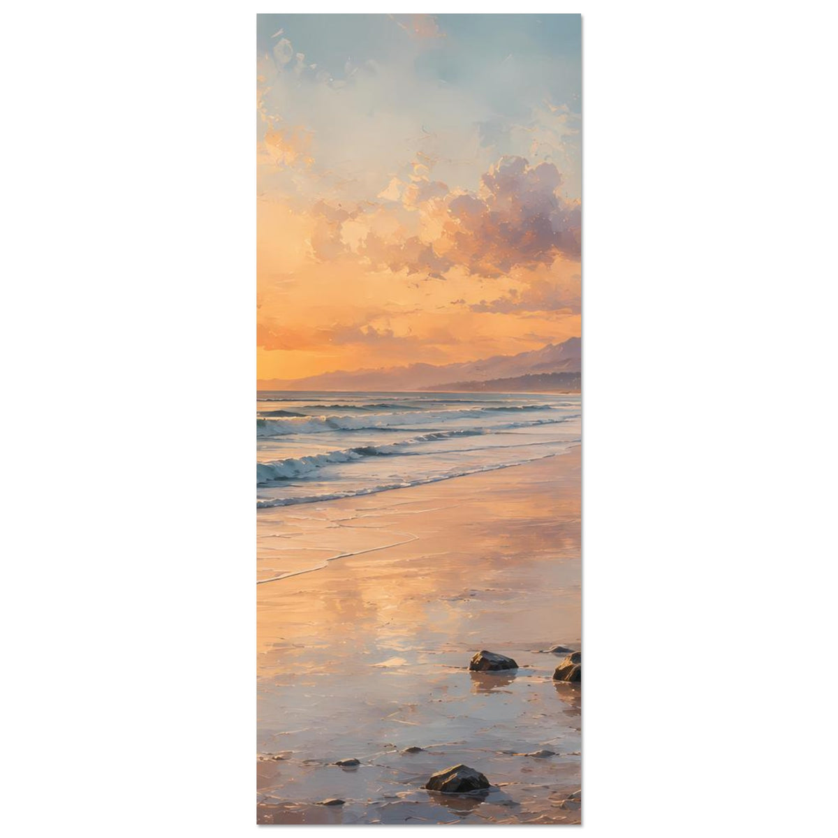 Strandposter im Hochformat mit Sonnenuntergang, Strandweg, Wellen und Felsen