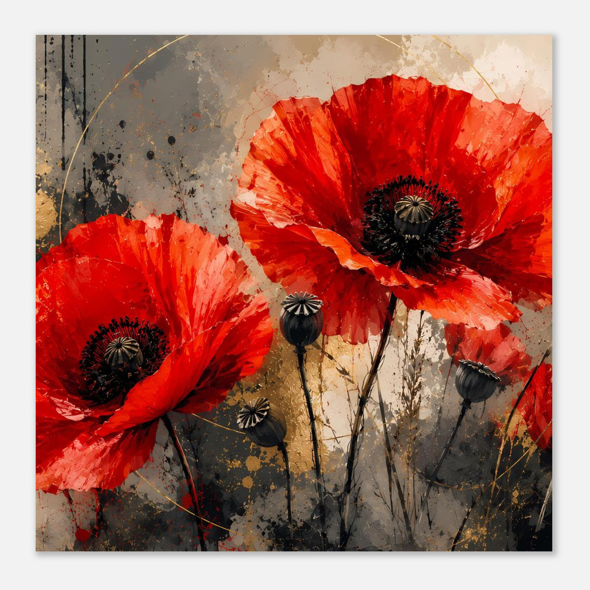 Kleineres Poster mit roten Mohnblüten und schwarzen Köpfen, abstrakter Hintergrund