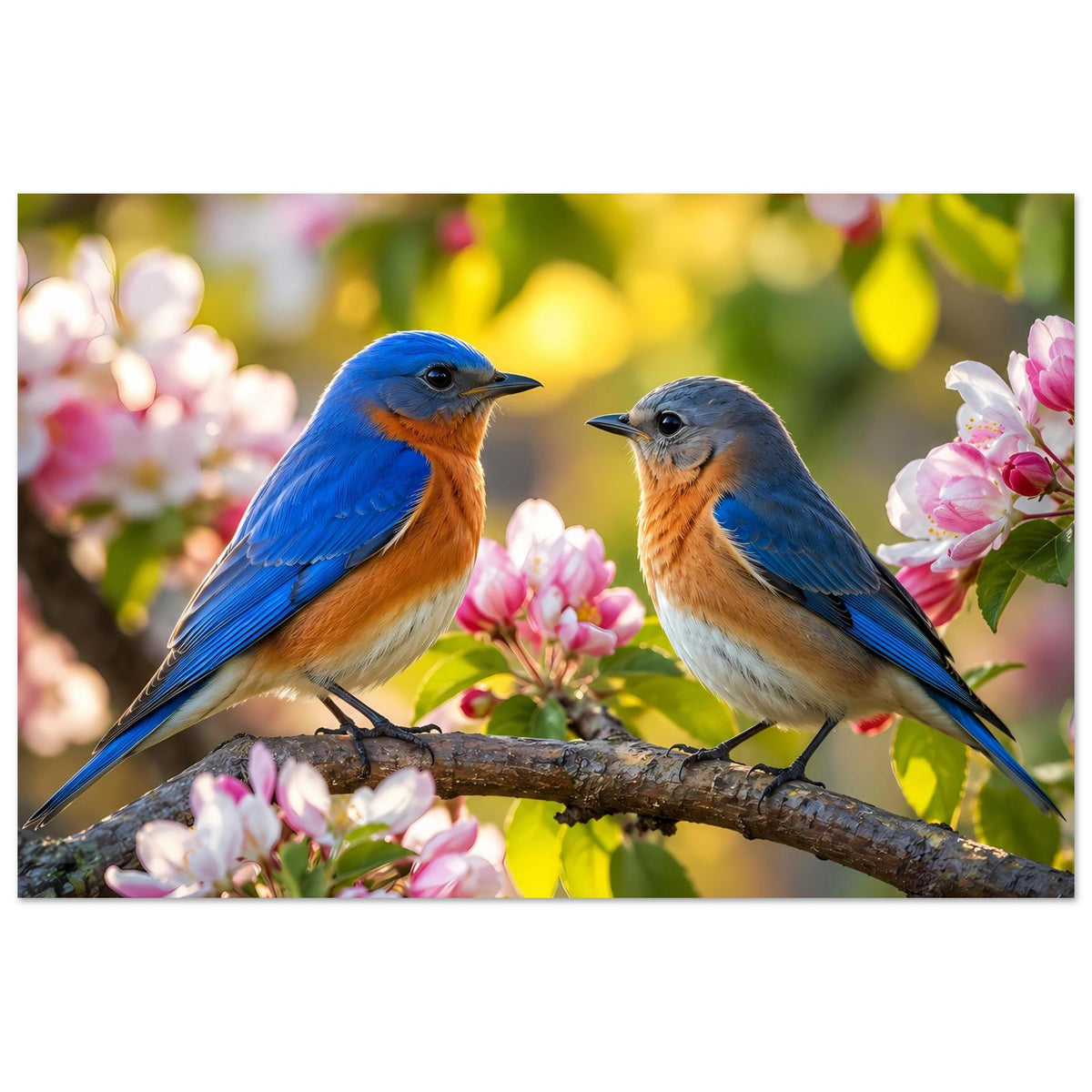 Poster mit zwei Blaumeisen auf einem Ast, Blick auf die Vögel und rosa Blüten im Vordergrund