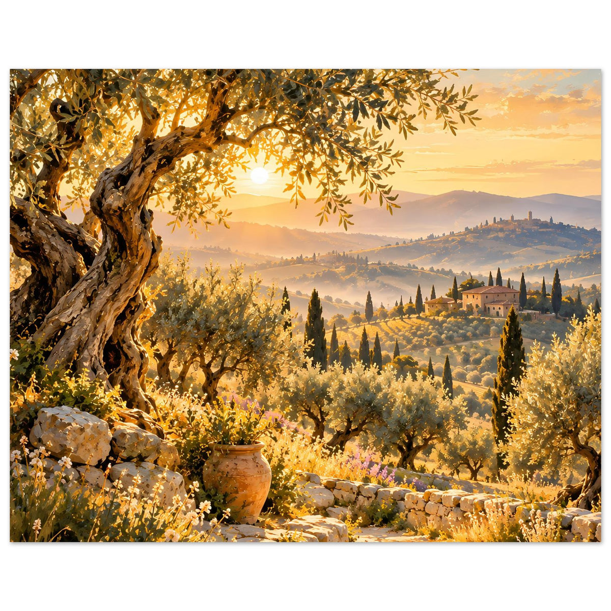 Posterdruck Landschaft bei Sonnenuntergang: Olivenbaum, Terrassenweg mit Steinen und Topf im Vordergrund