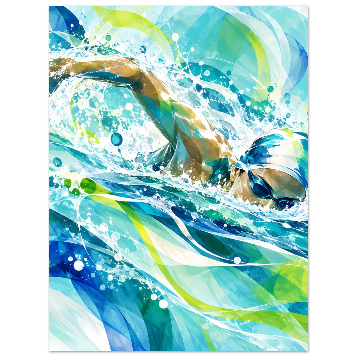 Hochformat-Poster mit abstrakten Schwimmern in Blau und Hellgrün, bewegte Wellen