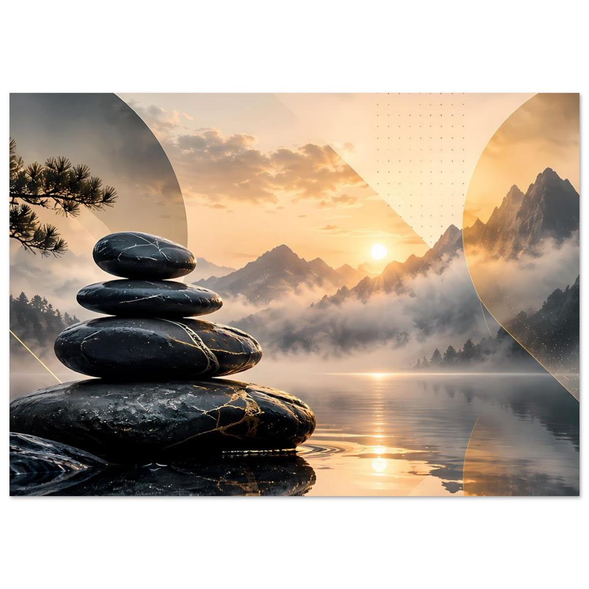 Zen-Harmonie Poster mit Steinen und Spiegelung, Sonnenaufgang über Bergspitzen