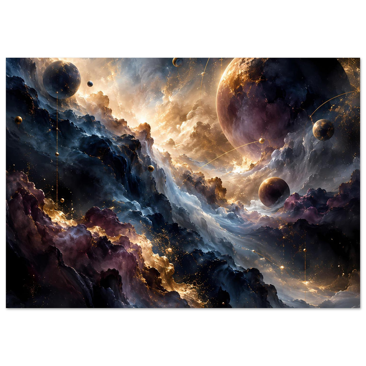 Weltraum-Kunstposter mit Planeten, nebligen Gaswolken und leuchtendem goldenen Zentrum