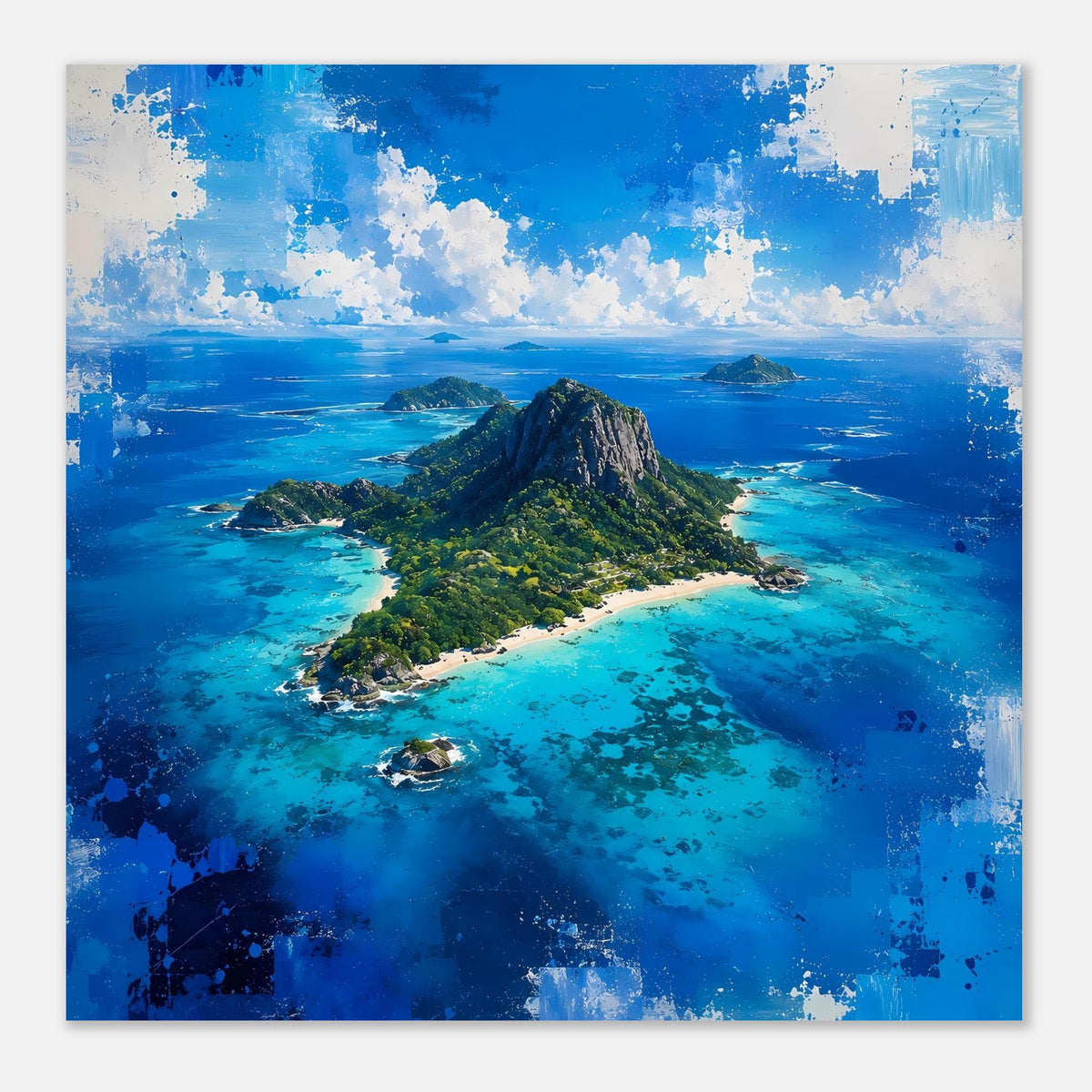 Poster mit tropischer Insel: Felsberg, Sandstrand und türkisblaue Lagunen