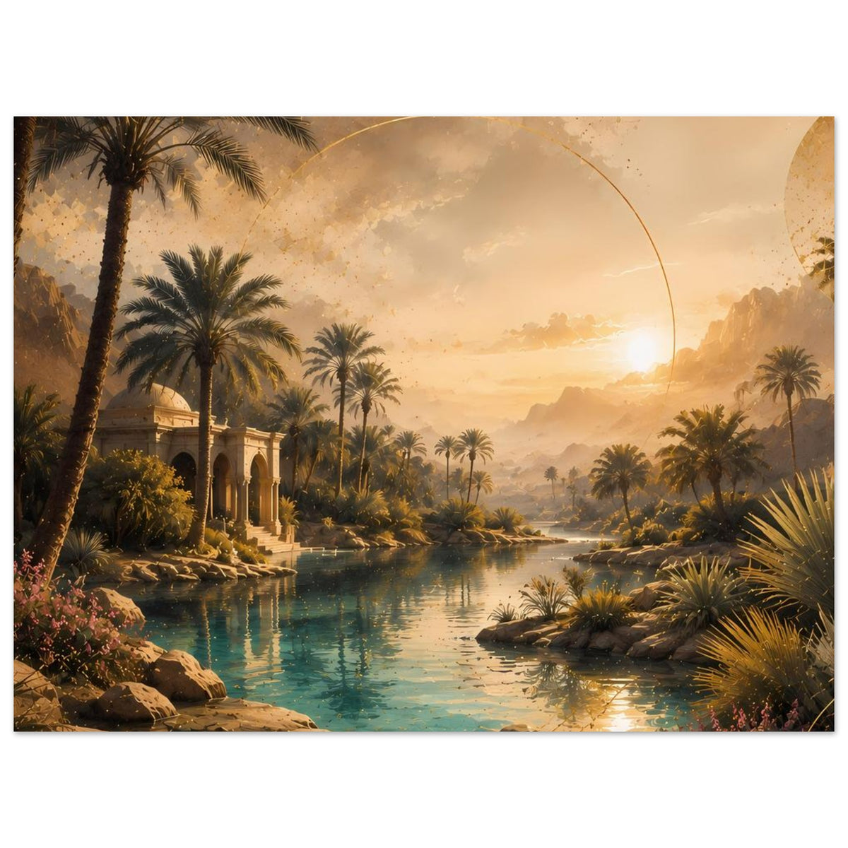 Wandposter mit Palmen, orientalischem Pavillon, türkisblauem See und Sonnenaufgang-Licht