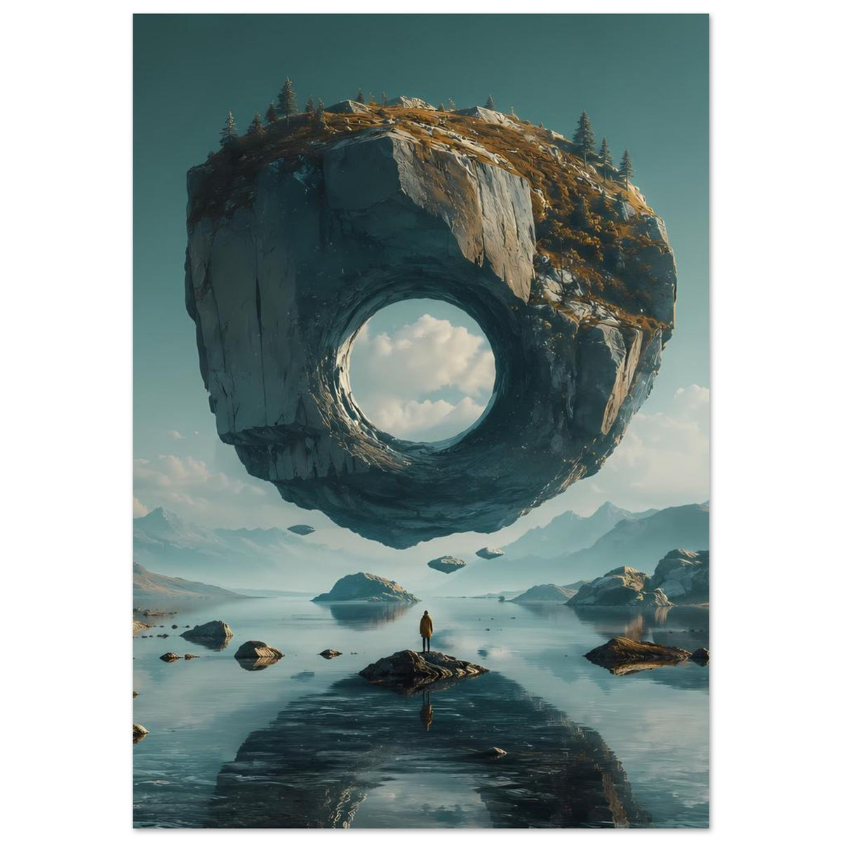 Vertikales surreales Poster mit schwebendem Felsring über blauem See und rundem Felsloch