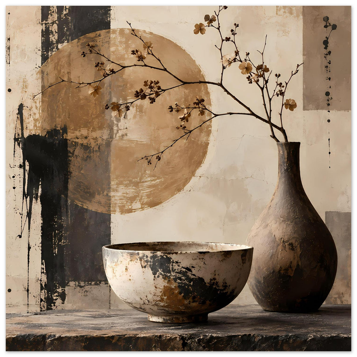 Stilllebenposter mit Vase rechts, Schüssel vorn und verzweigten Ästen mit braunen Blüten