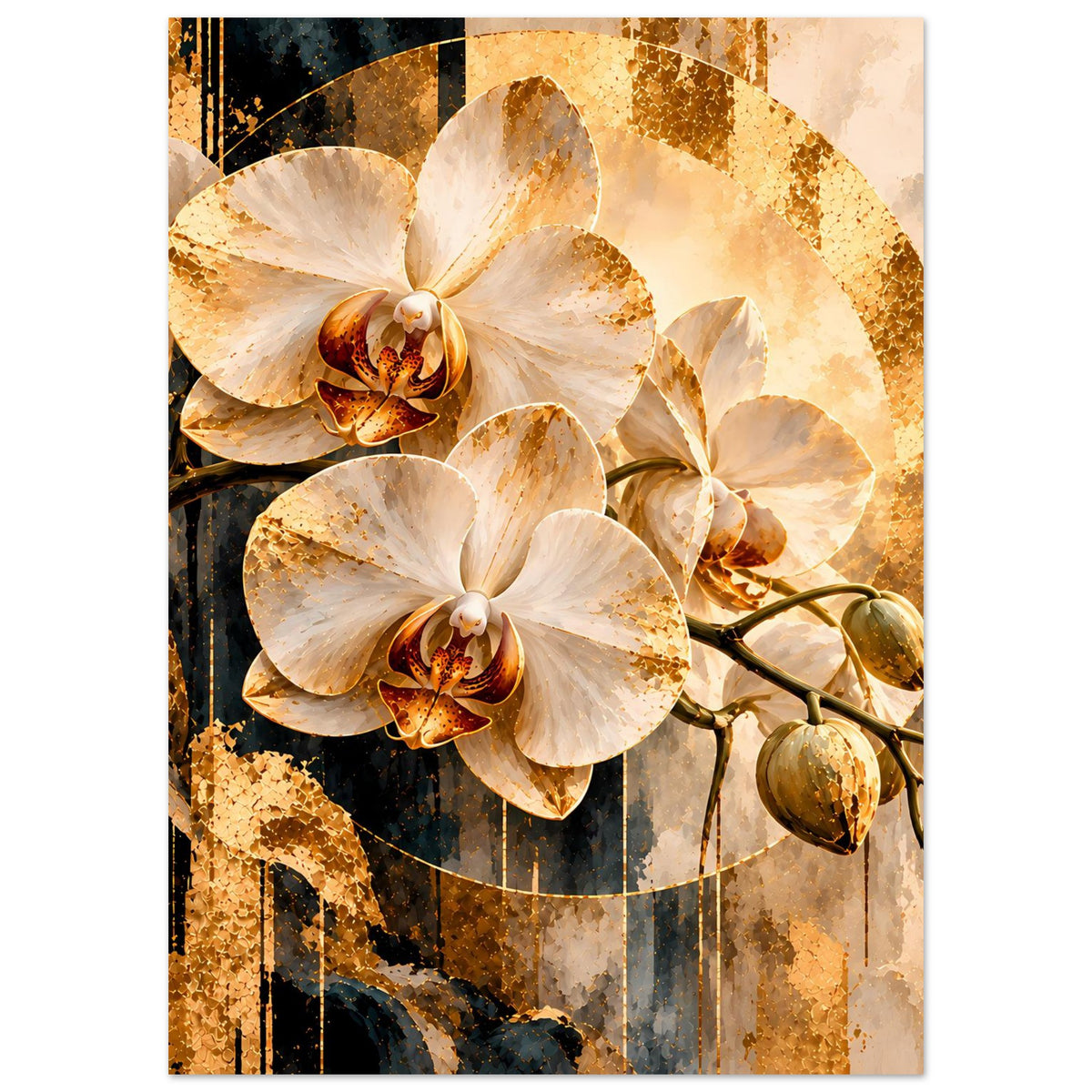 Orchideen-Kunstposter mit weißen Blüten, goldenen Texturen und Ranke mit Knospen