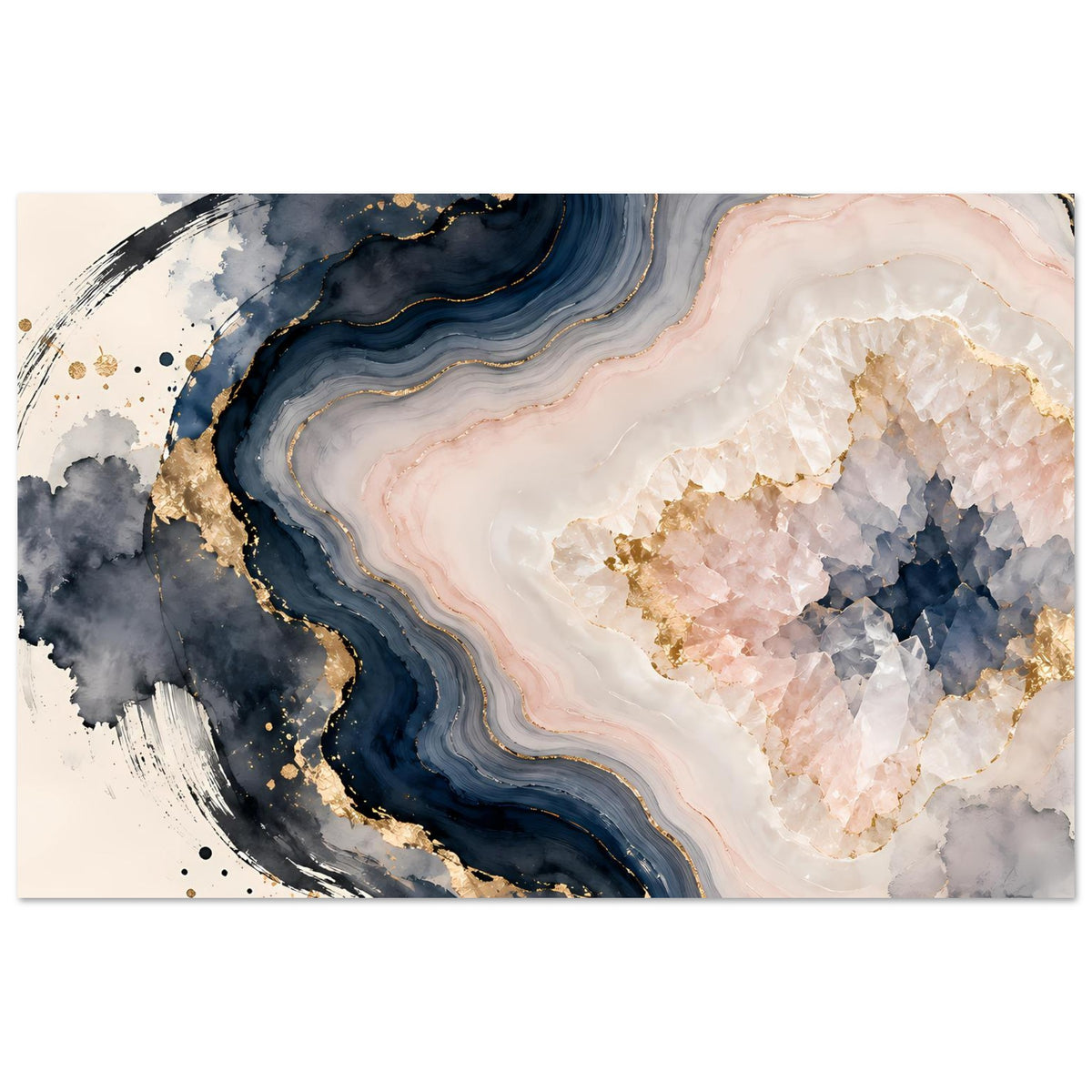 Abstraktes Geoden-Poster in Rosé, Blau und Gold, horizontal