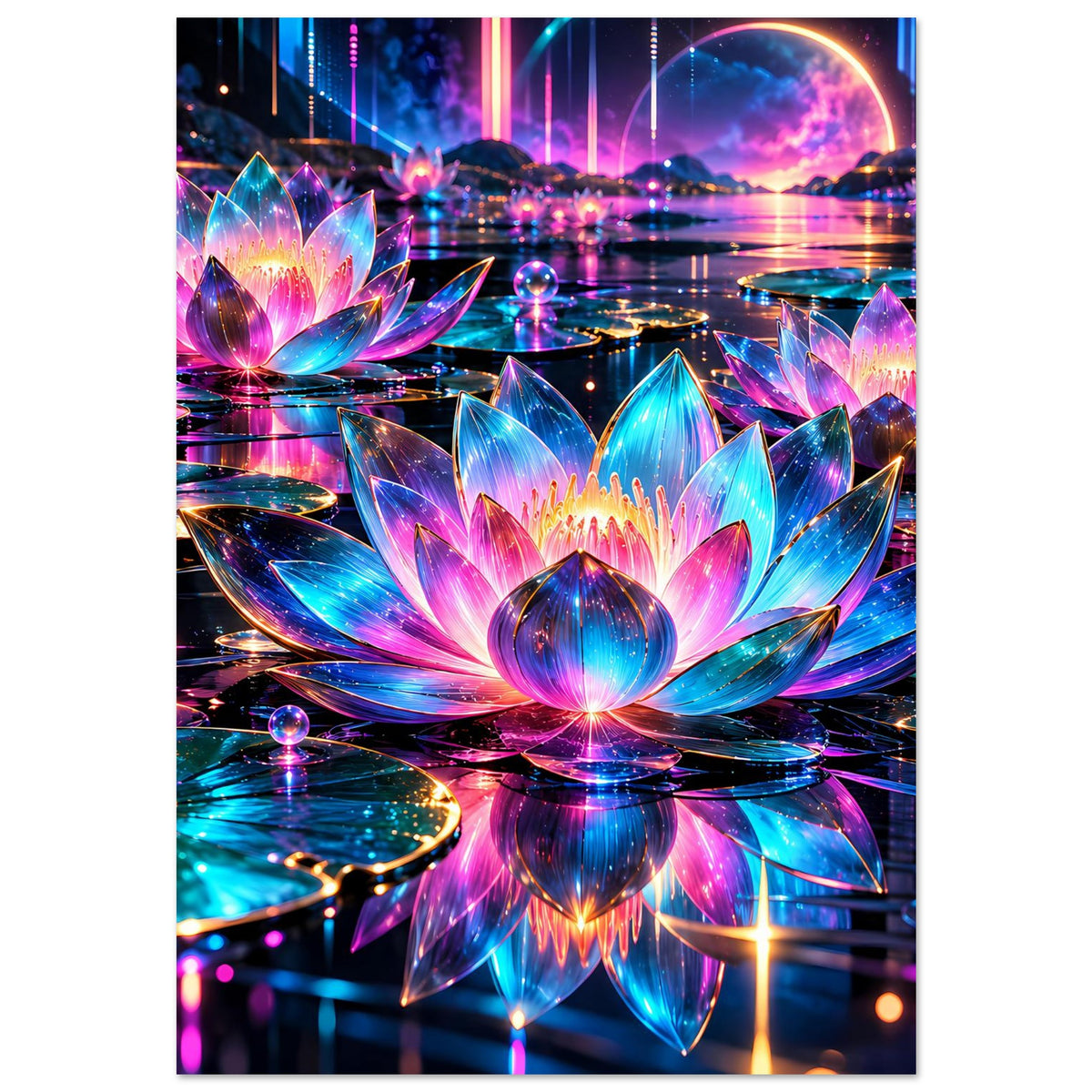 Leuchtendes Lotusposter im Hochformat mit großem Lotusmotiv in Pink, Blau und Lila