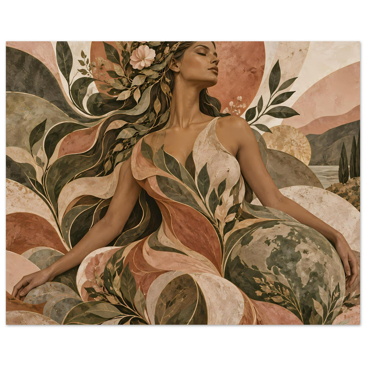 Kunst-Poster im Querformat mit Frau im Profil und Pflanzenornament in Pastell