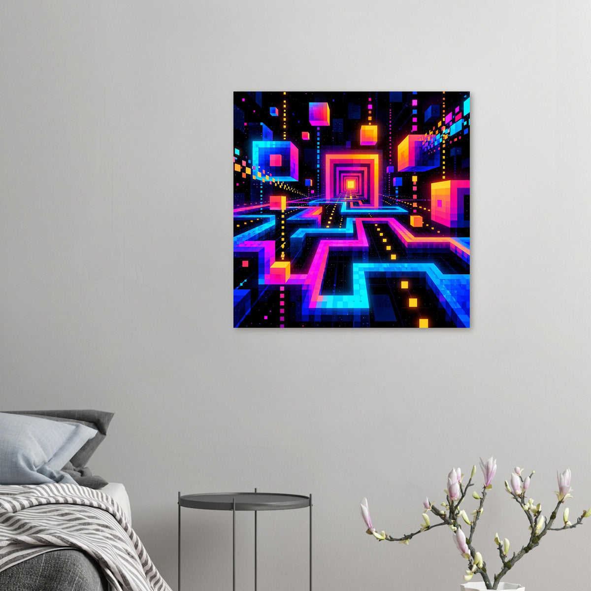 Geometrisches Neon-Poster mit futuristischem Labyrinth aus farbigen Rechtecken und Linien