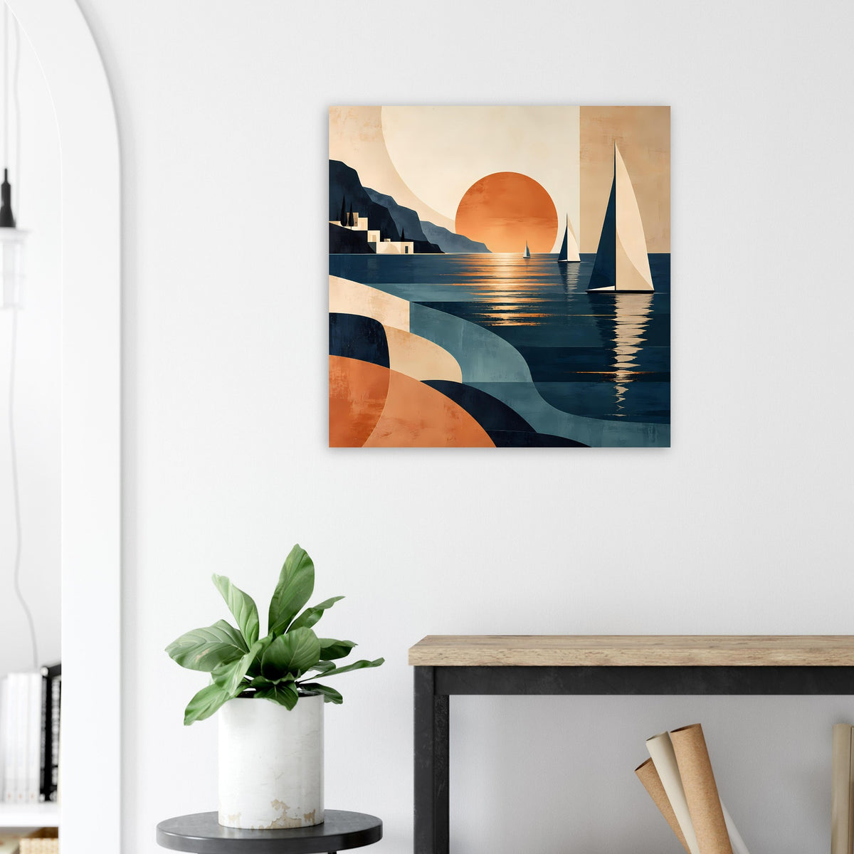 Poster mit Segelbooten und warmen Orange- sowie Blautönen im Sonnenuntergang