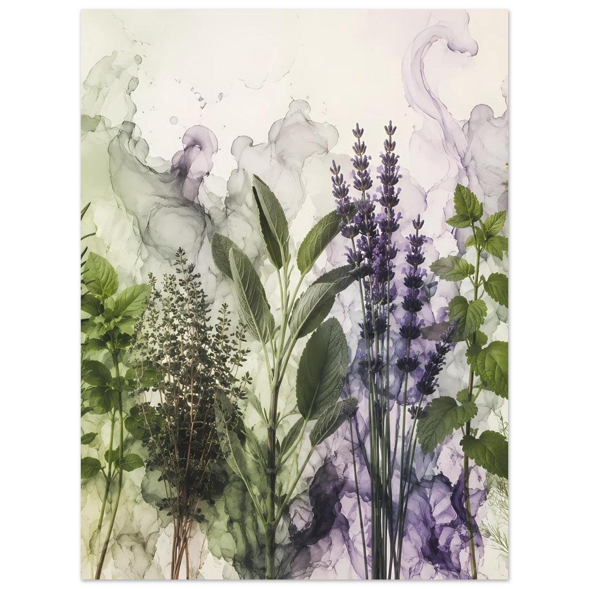 Botanisches Poster mit Fokus auf Lavendel-Ähren und grünen Kräuterblättern