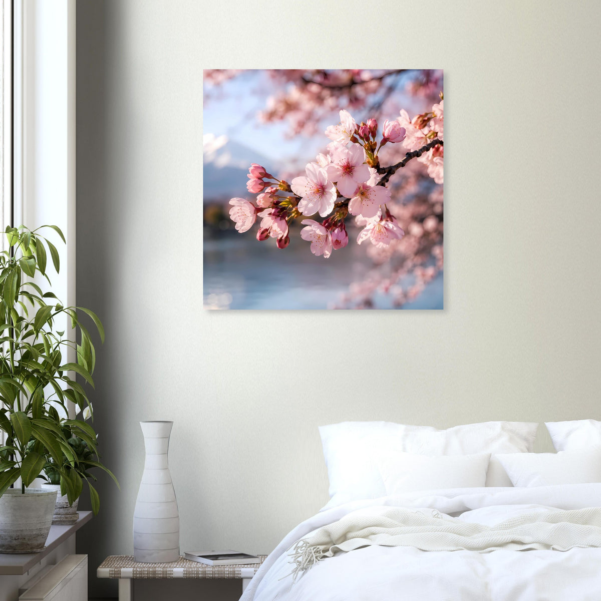 Quadratisches Wandposter mit rosa Kirschblüten und blühenden Zweigen