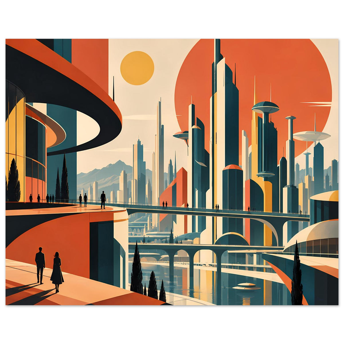 Poster mit futuristischer Skyline, türkis-orangen Farbakzenten und geschwungener Brücke