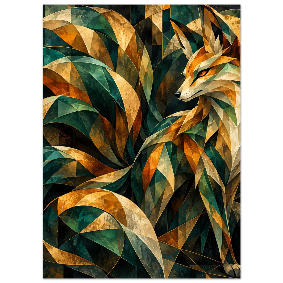 Kunstposter mit Fuchs-Illustration: Prismawirbel in Smaragdgrün, Gold und gedämpftem Beige.