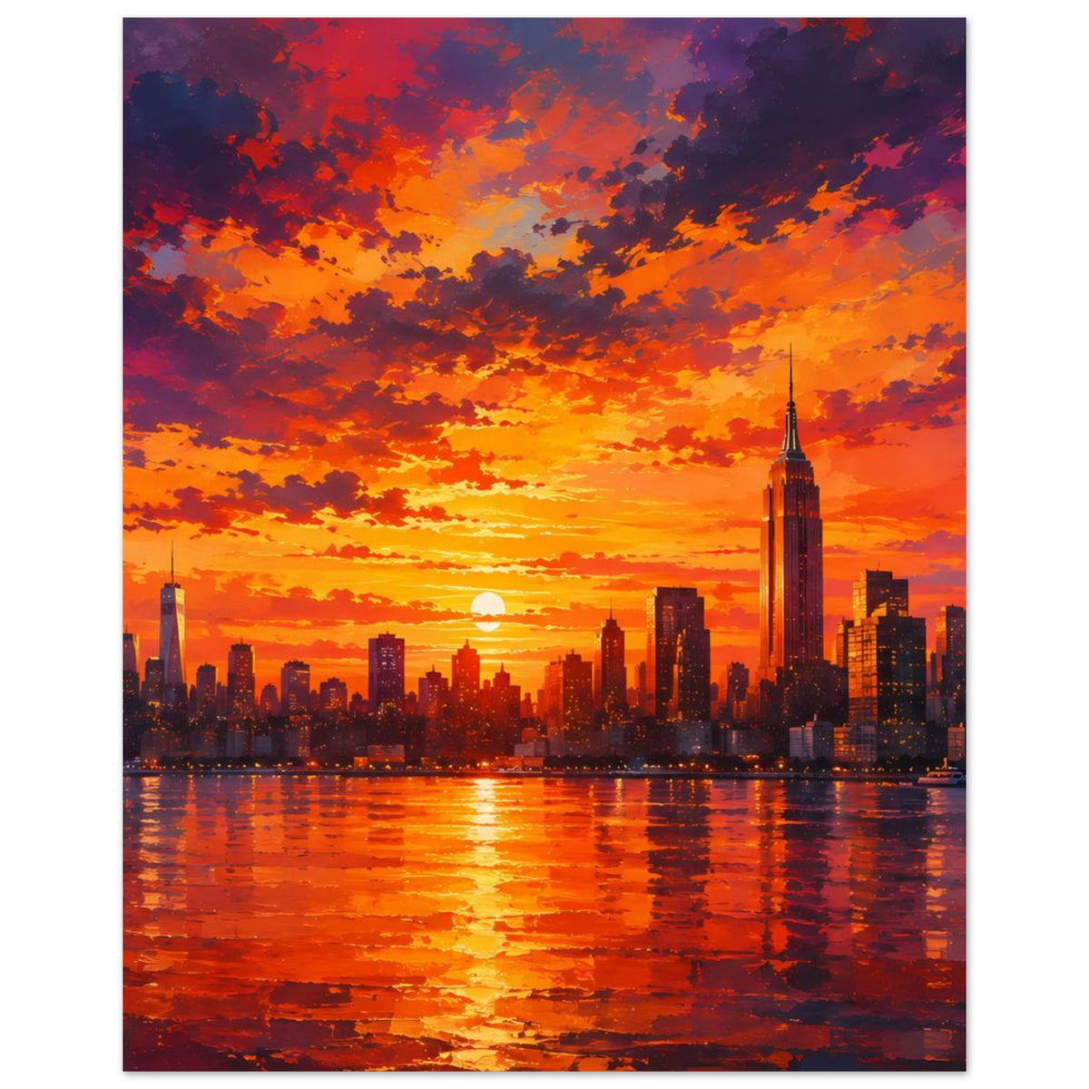 Hochformatiges Stadtlandschafts-Poster mit Sonnenuntergang, Wolkenhimmel und Skyline-Reflexion