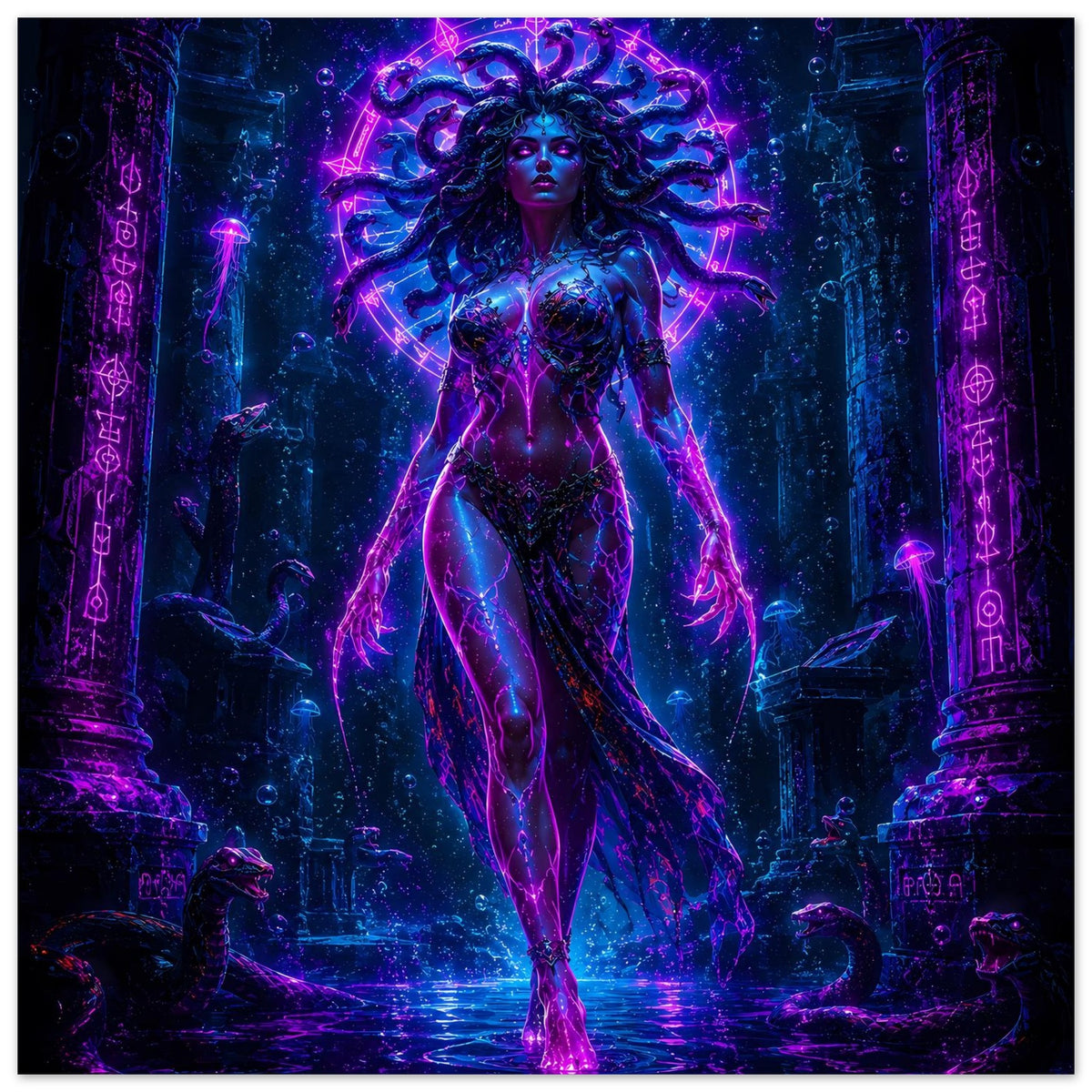 Hochkant-Poster mit Medusenfrau im Neon-Look, zentriert, lila-blau leuchtendes Tempelmotiv