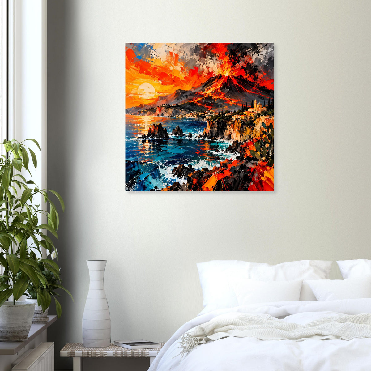 Quadratisches Poster mit Vulkan-Ausbruch und Flammen, orange/rot, Rauch und reflektierendes Wasser