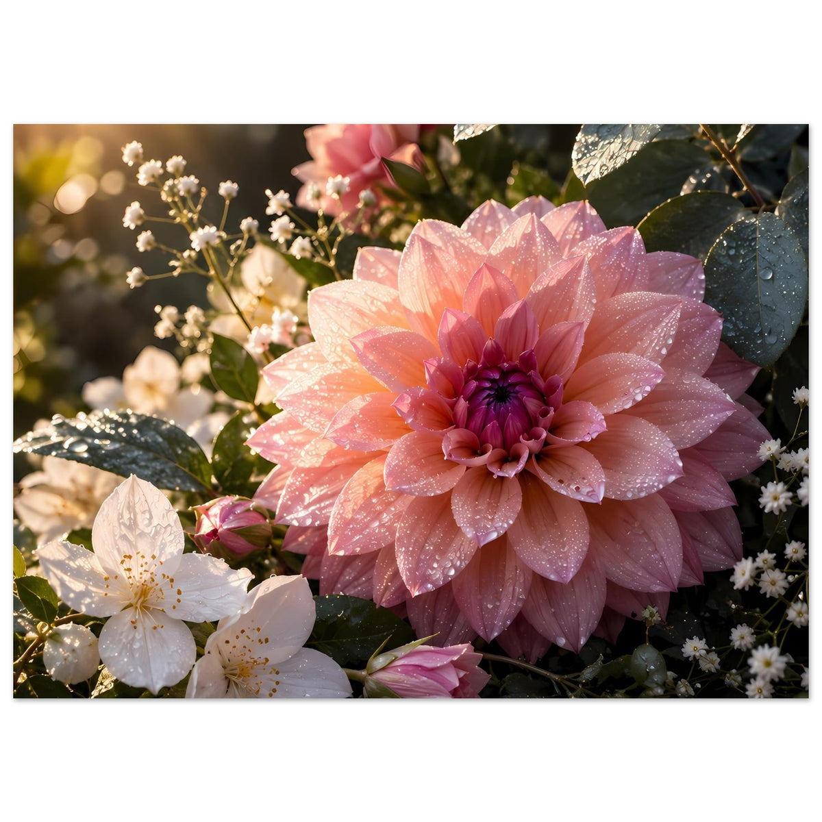 Blumenposter (Hochformat) mit großer rosa Blüte, umgeben von weißen Frühlingsblüten