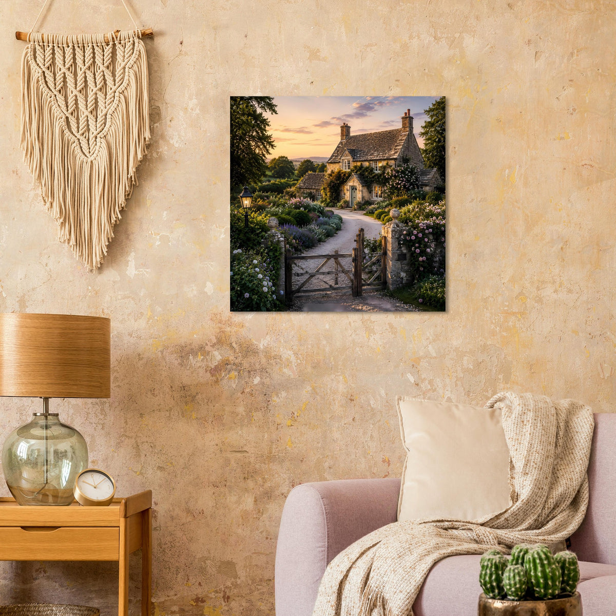Gerahmtes Poster: Landhaus am Weg durch Blumenbeete, Zaun, warmes Sonnenuntergangslicht