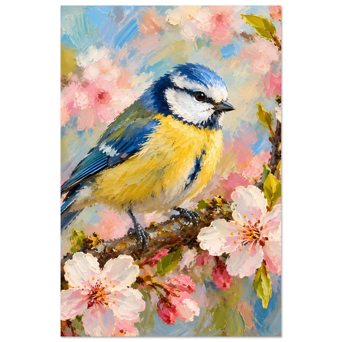 Vogelpocster im Hochformat: blauer und gelber Vogel auf Ast zwischen rosa Blüten