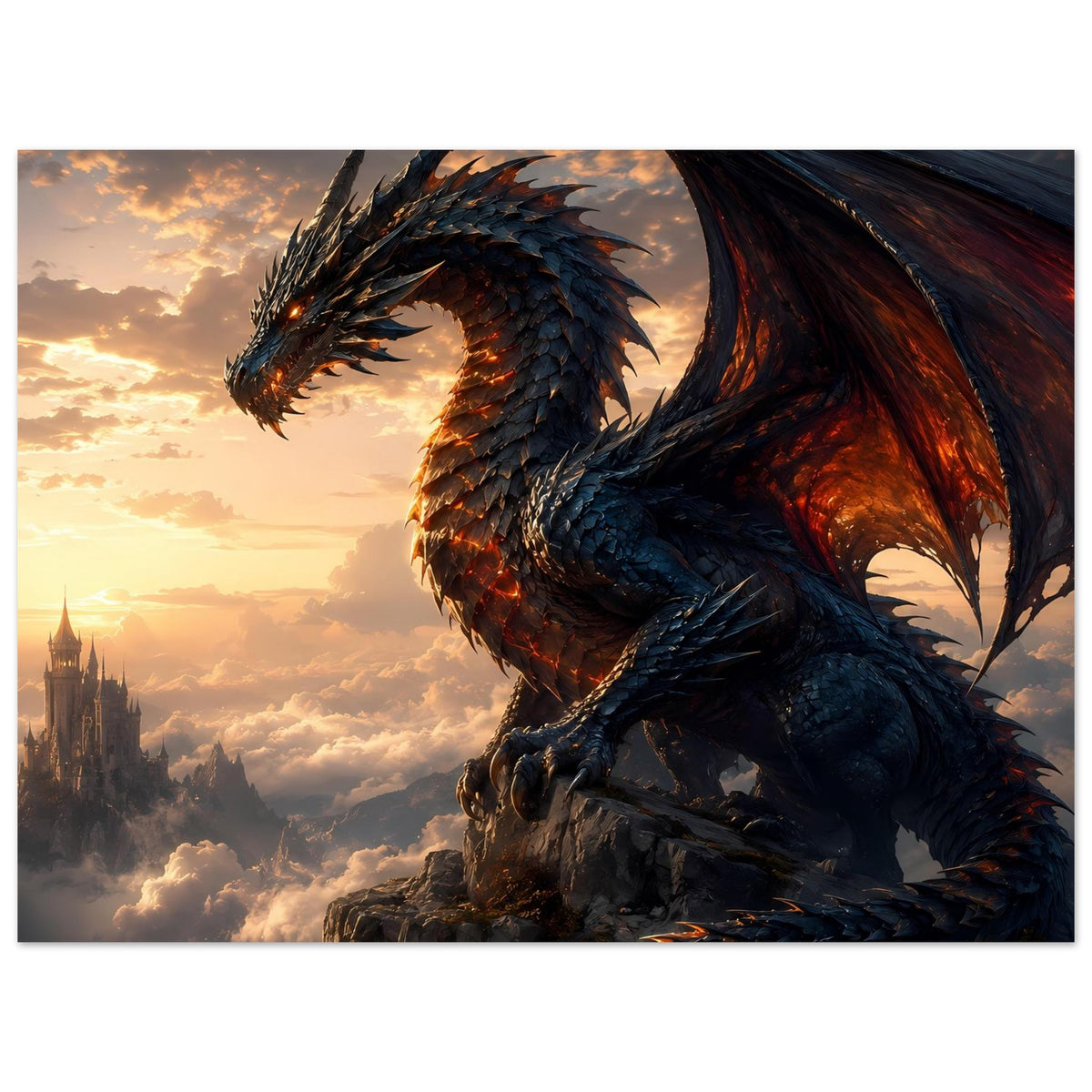 Drachenfantasy-Poster: blauer Drache auf Felsen, Flügel mit roter Glut und leuchtendem Auge