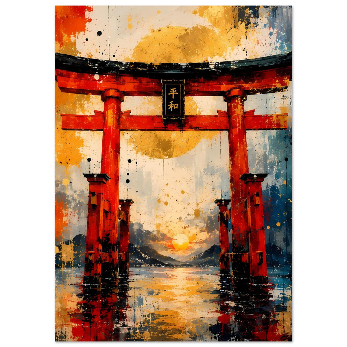 Poster mit rotem Torii-Tor, mittig ausgerichtet, abstrakte Spritzfarbe in Orange und Blau
