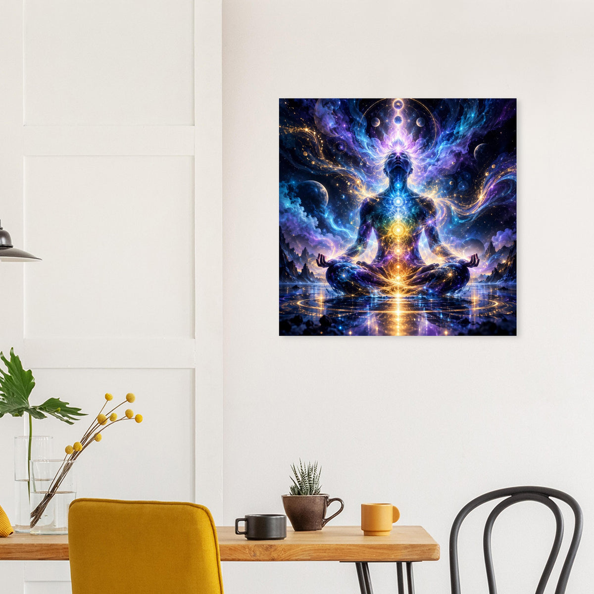 Spirituelles Poster mit meditierender Chakra-Figur in kosmischem Sternenmeer, leuchtende Symbole