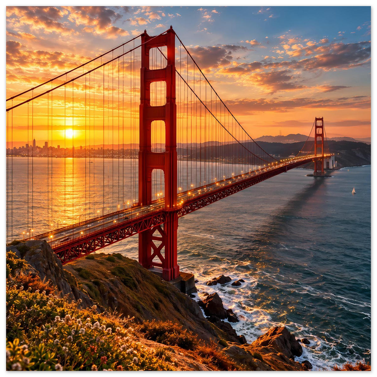 Vertikales Poster der Golden Gate Bridge bei Sonnenuntergang, roter Turm und Ufer im Vordergrund