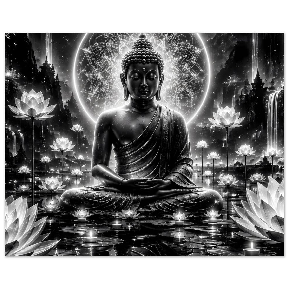 Buddha-Poster im Meditationssitz, schwarzweiß, breiter Leuchtring um den Kopf, weite Ansicht